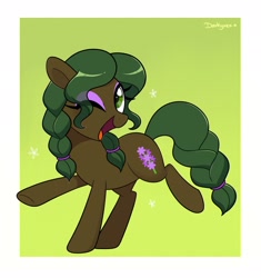 Size: 1924x2048 | Tagged: safe, artist:darkynez, oc, oc only, oc:hyacinth, earth pony, pony, female, green background, looking at you, mare, one eye closed, open mouth, passepartout, raised hoof, simple background, smiling, smiling at you, solo, wink, winking at you