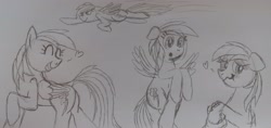 Size: 3656x1728 | Tagged: safe, rainbow dash, pegasus, pony, g4, blushing, butt, cute, flying, heart, hoof hold, monochrome, plot, sketch, smiling, traditional art