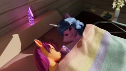 Size: 3840x2160 | Tagged: safe, artist:littleiceage, izzy moonbow, sunny starscout, earth pony, pony, unicorn, g5, 3d, 4k, bed, bedroom eyes, blender, boop, day, female, high res, izzyscout, lesbian, mare, shipping, sleeping