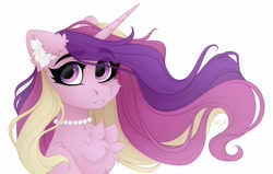 Size: 1950x1240 | Tagged: safe, artist:vird-gi, princess cadance, alicorn, pony, bust, cheek fluff, chest fluff, ear fluff, eyebrows, eyebrows visible through hair, eyelashes, female, horn, jewelry, looking at you, mare, necklace, open mouth, pearl necklace, signature, simple background, solo, white background, windswept mane
