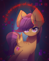 Size: 1900x2350 | Tagged: safe, artist:miryelis, scootaloo, pegasus, pony, g4, cutie mark crusaders, female, horns, looking at you, short hair, signature, simple background, solo, text, wings