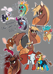 Size: 1800x2534 | Tagged: safe, artist:redahfuhrerking, arizona (tfh), oleander (tfh), pom (tfh), tianhuo (tfh), velvet (tfh), oc, oc:sila, cow, deer, dog, dragon, horse, hybrid, longma, pony, reindeer, sheep, them's fightin' herds, bandana, clothes, cloven hooves, community related, costume, crying, curved horn, doe, female, gray background, horn, invincible, male, mare, omni-man, simple background, sketch, tfh oc