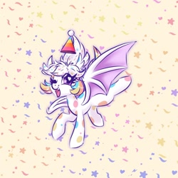Size: 800x800 | Tagged: safe, artist:jen-neigh, oc, oc only, oc:confetti cupcake, bat pony, pony, abstract background, bat pony oc, confetti, cute, falling, female, hat, mare, party hat, polka dots, solo