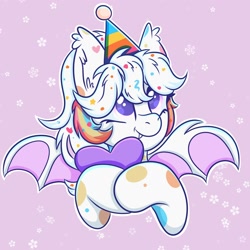 Size: 2000x2000 | Tagged: safe, artist:splashofsweet, oc, oc only, oc:confetti cupcake, bat pony, pony, abstract background, bat pony oc, bust, cute, cute little fangs, fangs, female, happy, hat, heart, high res, holding, looking up, mare, ocbetes, party hat, smiling, solo