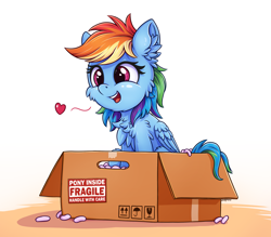 Size: 2500x2192 | Tagged: safe, artist:zeepheru_pone, rainbow dash, pegasus, pony, box, cheek fluff, chest fluff, cute, dashabetes, ear fluff, female, fluffy, folded wings, heart, high res, mare, packing peanuts, pony in a box, signature, simple background, sitting, smiling, solo, tail, wings