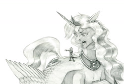 Size: 1280x868 | Tagged: safe, artist:baron engel, princess luna, alicorn, mouse, pony, anthro, g4, furry, grayscale, monochrome, open mouth, pencil drawing, story in the source, story included, traditional art