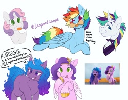 Size: 1200x940 | Tagged: safe, artist:leopardsnaps, izzy moonbow, pipp petals, rainbow dash, rarity, sweetie belle, pegasus, pony, unicorn, g4, g5, my little pony: make your mark, my little pony: make your mark chapter 1, spoiler:my little pony: make your mark, :p, alternate hairstyle, food, gasp, hot dog, meat, nom, ponies eating meat, punk, raripunk, sausage, scene interpretation, screencap reference, simple background, tongue out, white background