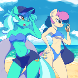 Size: 1512x1512 | Tagged: safe, artist:fajeh, bon bon, lyra heartstrings, sweetie drops, earth pony, unicorn, anthro, g4, armpits, bag, baseball cap, beach, belly button, bikini, blushing, breasts, cap, cellphone, clothes, cloud, collarbone, dated, duo, duo female, ear fluff, female, hand on hip, handbag, hat, high-cut clothing, horn, inflatable, inner tube, ocean, open mouth, phone, ponytail, reasonably sized breasts, shorts, signature, smiling, stupid sexy bon bon, stupid sexy lyra, swimsuit, tail, underboob, water