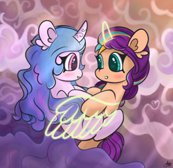 Size: 2048x1985 | Tagged: safe, artist:limitmj, izzy moonbow, sunny starscout, alicorn, earth pony, pony, unicorn, g5, blushing, cloud, female, hug, izzyscout, lesbian, pride, pride month, race swap, shipping, sunnycorn, winghug, wings