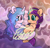 Size: 2048x1985 | Tagged: safe, artist:limitmj, izzy moonbow, sunny starscout, alicorn, earth pony, pony, unicorn, g5, blushing, cloud, female, hug, lesbian, pride, pride month, race swap, ship:moonscout, shipping, sunnycorn, winghug, wings