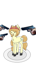 Size: 1080x2220 | Tagged: safe, artist:sodapop sprays, oc, unnamed oc, earth pony, pony, bubble, chest fluff, clothes, drool, female, gun, hand, handgun, headband, mare, pistol, plate, shoes, simple background, solo, tongue out, transparent background, weapon