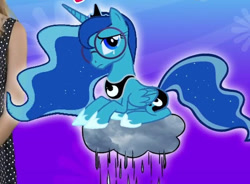 Size: 691x509 | Tagged: safe, princess luna, alicorn, pony, g4, clothes, cloud, crossover, crown, female, flower, glasses, horn, inside out, jewelry, lying down, lying on a cloud, mare, moon, on a cloud, prone, raincloud, regalia, sad, sadness (inside out), shoes, sparkles, wings, youtube link