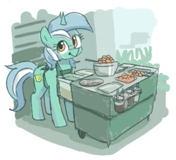 Size: 720x656 | Tagged: safe, artist:plunger, lyra heartstrings, pony, unicorn, g4, apron, clothes, cropped, female, food, mare, smiling, solo, vendor, vendor stall