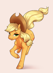 Size: 3141x4296 | Tagged: safe, artist:aquaticvibes, applejack, earth pony, pony, g4, applejack's hat, beige background, cowboy hat, female, hat, mare, running, simple background, smiling, solo, tail, windswept tail