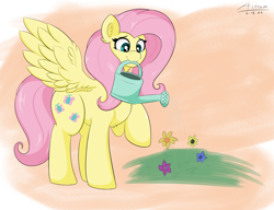 Size: 3000x2300 | Tagged: safe, artist:astrum, fluttershy, pegasus, pony, chest fluff, cute, digital art, eyebrows, female, flower, grass, high res, looking at something, looking down, mare, mouth hold, raised hoof, shyabetes, signature, smiling, solo, spread wings, watering, watering can, wings