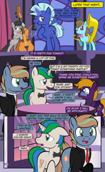 Size: 1920x3168 | Tagged: safe, artist:alexdti, beauty brass, octavia melody, oc, oc:brainstorm (alexdti), oc:purple creativity, oc:star logic, earth pony, pegasus, pony, unicorn, comic:quest for friendship, g4, bipedal, cello, clothes, comic, dialogue, ears back, eye contact, female, folded wings, glasses, glowing, glowing horn, high res, hoof hold, hoof on chest, horn, implied rarity, lidded eyes, looking at each other, looking at someone, magic, male, mare, musical instrument, open mouth, open smile, pegasus oc, raised hoof, smiling, speech bubble, stallion, standing, telekinesis, tuba, two toned mane, unicorn oc, wings