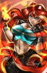 Size: 581x896 | Tagged: safe, artist:bunsogen, sunset shimmer, human, equestria girls, g4, belt, breasts, busty sunset shimmer, cleavage, clothes, fiery shimmer, fingerless gloves, fire, gloves, midriff, signature, trace, variant