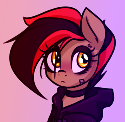 Size: 980x956 | Tagged: safe, artist:jetwave, oc, oc only, oc:dala vault, earth pony, semi-anthro, bandaid, bust, choker, clothes, earth pony oc, eyeshadow, female, frown, gradient background, hoodie, looking at you, makeup, mare, solo