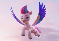 Size: 1920x1340 | Tagged: safe, artist:luminousdazzle, zipp storm, pegasus, pony, g5, 3d, 3d model, blender, blender cycles, colored wings, female, flying, looking at you, mare, multicolored hair, multicolored wings, render, sky, smiling, smug, smugzipp, wings