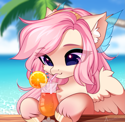 Size: 1171x1136 | Tagged: safe, artist:airiniblock, oc, oc only, oc:marshmallow cloud, pegasus, pony, rcf community, alcohol, beach, chest fluff, cocktail, drink, drinking, drinking straw, ear fluff, food, icon, ocean, orange, pegasus oc, solo, water
