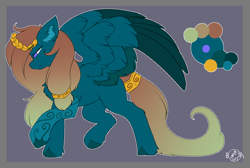 Size: 2790x1870 | Tagged: safe, artist:beardie, oc, oc only, chest fluff, closed mouth, ear fluff, full body, gradient mane, gradient tail, indigo background, raised hoof, reference sheet, side view, simple background, smiling, solo, spread wings, tail, unshorn fetlocks, wings
