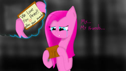 Size: 960x540 | Tagged: artist needed, source needed, useless source url, safe, pinkie pie, earth pony, pony, g4, crying, dialogue, female, heart, mare, note, pinkamena diane pie, sad, text