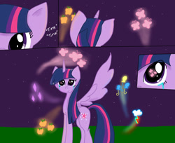 Size: 662x539 | Tagged: artist needed, source needed, useless source url, safe, twilight sparkle, alicorn, pony, g4, crying, female, horn, mare, night, onomatopoeia, smiling, sound effects, spread wings, stars, tears of joy, twilight sparkle (alicorn), wings