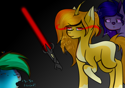 Size: 3508x2480 | Tagged: safe, artist:thecommandermiky, oc, oc:miky command, earth pony, pony, unicorn, angry, dark background, high res, lana beniko, lightsaber, ponified, random pony, star wars, weapon