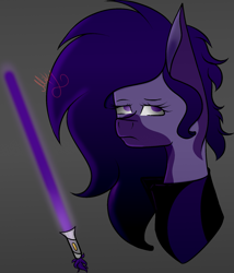 Size: 1503x1756 | Tagged: safe, artist:thecommandermiky, oc, oc:miky command, pony, bust, clothes, lightsaber, neutral, simple background, solo, star wars, weapon
