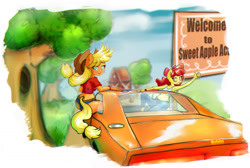 Size: 1730x1162 | Tagged: safe, artist:mistleinn, apple bloom, applejack, anthro, g4, ass, belly button, butt, car, clothes, crossover, daisy dukes, dodge charger, dukes of hazzard, duo, female, general lee, hat, jeans, midriff, pants, shorts, siblings, sisters, sitting, tank top