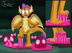 Size: 1187x875 | Tagged: safe, artist:onimagmachan, smolder, dragon, g4, berry, bubblegum, chewing gum, claws, cute, feet, female, fetish, food, foot fetish, forest, fruit, gum, legs, pictures of legs, puddle, solo, sticky, stuck, tail, toes, trapped, tree, underfoot