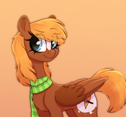 Size: 1948x1807 | Tagged: safe, artist:_alixxie_, oc, oc only, pegasus, pony, blaze (coat marking), chest fluff, clothes, coat markings, eye clipping through hair, eyebrows, eyebrows visible through hair, eyelashes, facial markings, female, folded wings, freckles, mare, orange background, pegasus oc, scarf, signature, simple background, smiling, solo, wings