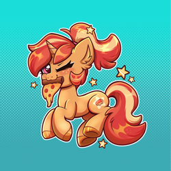 Size: 1280x1280 | Tagged: safe, artist:confetticakez, oc, oc only, oc:deep dish, food pony, pony, unicorn, blue background, blushing, chibi, convention art, female, food, gradient background, looking at you, mare, mascot, meat, mouth hold, one eye closed, pepperoni, pepperoni pizza, pillow, pizza, ponified, simple background, solo, stars, whinny city pony con