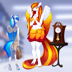 Size: 1200x1200 | Tagged: safe, artist:scarlet-spectrum, oc, oc only, oc:diamond sun, oc:hawker hurricane, pegasus, anthro, unguligrade anthro, bag, belly button, breasts, clock, clothes, colored wings, commission, female, grandfather clock, male, mare, sarong, shopping bag, size difference, stallion, unshorn fetlocks, wings