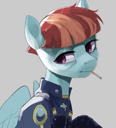 Size: 739x811 | Tagged: safe, artist:egil, windy whistles, pegasus, pony, equestria at war mod, g4, alternate timeline, bust, cigarette, clothes, crystal war timeline, female, gray background, lidded eyes, looking sideways, military, military uniform, missing freckles, simple background, solo, tired, uniform, wings