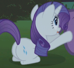 Size: 395x365 | Tagged: safe, screencap, rarity, steven magnet, pony, unicorn, friendship is magic, season 1, animated, blinking, butt, cropped, female, gif, mare, offscreen character, plot, rearity, sitting, solo focus, stroking, talking