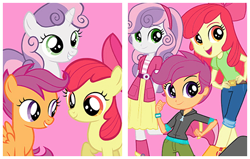 Size: 440x280 | Tagged: safe, apple bloom, scootaloo, sweetie belle, earth pony, human, pegasus, pony, unicorn, equestria girls, g4, official, apple bloom's bow, bow, cutie mark crusaders, female, filly, foal, hair bow, hairband, multeity, self paradox, self ponidox, trio, trio female