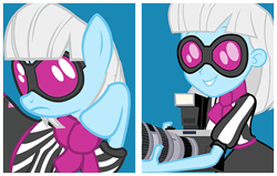Size: 440x280 | Tagged: safe, photo finish, earth pony, human, pony, equestria girls, g4, official, camera, female, glasses, mare, self paradox, self ponidox, solo