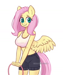 Size: 1213x1454 | Tagged: safe, artist:handgunboi, fluttershy, pegasus, anthro, g4, blushing, bra, bra strap, breasts, busty fluttershy, clothes, female, looking at you, pink bra, pink panties, shorts, simple background, smiling, solo, sports bra, sports shorts, spread wings, sweat, underwear, white background, wings