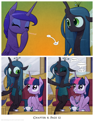 Size: 1200x1552 | Tagged: safe, artist:deusexequus, princess luna, queen chrysalis, twilight sparkle, alicorn, changeling, changeling queen, pony, comic:fix, g4, adorkable, clapping, comic, cute, dork, eeee, eyes closed, fangs, female, frown, grin, happy, heh, mare, open mouth, sitting, smiling, sparkly eyes, speech bubble, trio, trio female, twiabetes, twilight sparkle (alicorn), wingding eyes