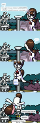 Size: 1600x4800 | Tagged: safe, artist:pony4koma, discord, raven, draconequus, pony, unicorn, g4, blushing, canterlot, canterlot castle, canterlot gardens, chaos star, comic, cute, dialogue in the description, discord statue, disembodied eyes, glasses, hair bun, imminent petrification, majestic as fuck, makeup, necktie, paperwork, pedestal, pose, screaming, secretary, sitting, smiling, speech bubble, statue, taxes, thinking, waving