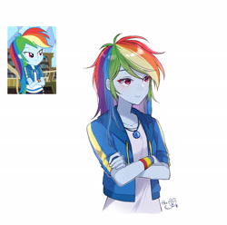 Size: 2240x2224 | Tagged: safe, artist:hikari_aoq, screencap, rainbow dash, human, equestria girls, g4, crossed arms, cute, dashabetes, eyebrows, eyebrows visible through hair, female, geode of super speed, high res, magical geodes, scene interpretation, screencap reference, signature, simple background, smiling, solo, white background