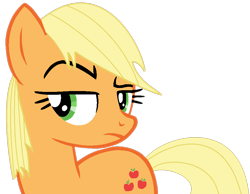 Size: 884x686 | Tagged: safe, artist:kingbases, artist:twilyisbestpone, applejack, earth pony, pony, g4, alternate hairstyle, applejack is not amused, base used, female, frown, looking at something, mare, missing accessory, raised eyebrow, simple background, solo, transparent background, unamused