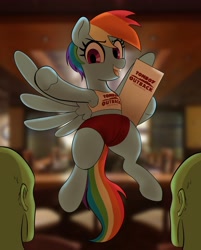 Size: 3297x4096 | Tagged: safe, alternate version, artist:_ton618_, rainbow dash, oc, oc:anon, human, pegasus, pony, g4, armpits, clothes, eyebrows, eyebrows visible through hair, female, female focus, flying, high res, hostess, human male, human oc, male, mare, open mouth, open smile, outback steakhouse, restaurant, short hair, shorts, smiling, solo focus, spread wings, tank top, textless version, tomboy, tomboy outback, trio, wings