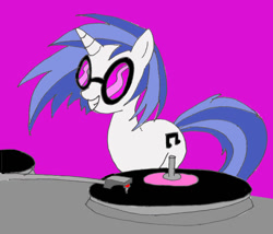 Size: 1125x964 | Tagged: safe, artist:trey-vore, dj pon-3, vinyl scratch, pony, unicorn, g4, disc jockey, female, mare, purple background, record, simple background, smiling, solo, turntable