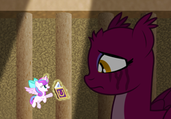 Size: 2524x1769 | Tagged: safe, artist:aleximusprime, princess flurry heart, sphinx (character), alicorn, pony, sphinx, flurry heart's story, anatankha, blank flank, book, bow, crying, duo, duo female, female, filly, flying, foal, friendship journal, hair bow, let my ponies go, levitation, magic, makeup, missing accessory, older, older flurry heart, open mouth, ruins, running makeup, sad, sunlight, telekinesis