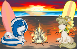 Size: 671x429 | Tagged: safe, artist:mscherbear, oc, oc only, oc:mission belle, oc:silver strand, earth pony, pony, unicorn, 2016, beach, campfire, duo, duo female, earth pony oc, eyes closed, female, horn, mare, sunset, surfboard, unicorn oc