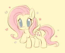 Size: 1330x1077 | Tagged: safe, artist:tamabel, fluttershy, butterfly, pegasus, pony, g4, chibi, cute, female, looking at you, mare, no pupils, raised hoof, shyabetes, simple background, smiling, smiling at you, solo, spread wings, standing, three quarter view, wings, yellow background