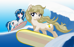 Size: 671x429 | Tagged: safe, artist:mscherbear, oc, oc only, oc:mission belle, oc:silver strand, earth pony, pony, unicorn, 2016, earth pony oc, female, horn, mare, surfboard, surfing, unicorn oc