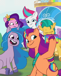 Size: 600x750 | Tagged: safe, screencap, hitch trailblazer, izzy moonbow, pipp petals, sunny starscout, zipp storm, earth pony, pegasus, pony, unicorn, g5, my little pony: tell your tale, :p, animated, cellphone, commercial, cute, female, gif, grin, group, izzybetes, male, mane five, mane stripe sunny, mare, my little pony logo, one eye closed, open mouth, open smile, phone, pony history, quintet, raised eyebrow, royal sisters (g5), selfie, siblings, silly, silly pony, sisters, smartphone, smiling, stallion, sunnybetes, tongue out, wink, youtube link